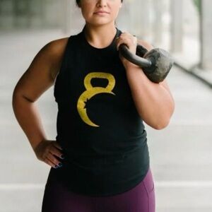 ZYIA Active | Black/Metallic Gold Kettlebell Moon Logo Cotton Tank-Top Sz XL